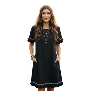 Coercion London Womens Black Shift Dress  Boho Fringe Tassel Trim Gold Zipper 10